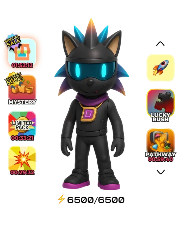 Dropee’s cat character in a black suit and glowing blue goggles, flanked by event icons such as Mystery, Limited Pack, Lucky Rush and Pathway, above an energy counter of 6500/6500.
