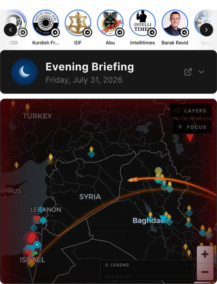 Israel Monitor widgets: a row of monitored source avatars, an Evening Briefing card, and a dark map of the region with an orange trajectory arc over Syria and Iraq.