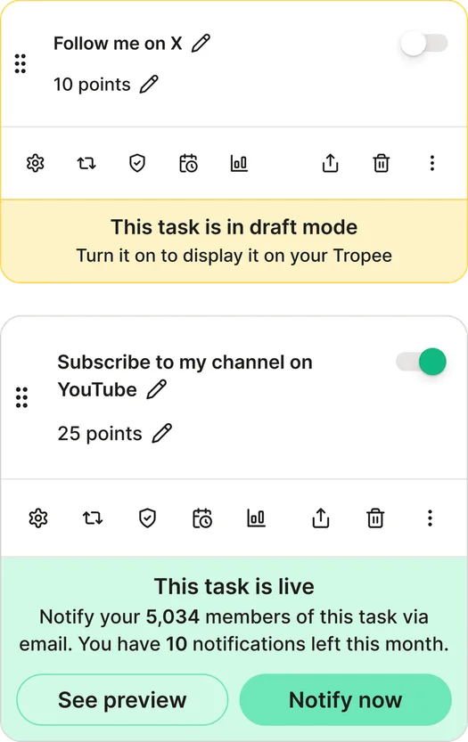 Two task cards from the Tropee builder: “Follow me on X” in draft mode and “Subscribe to my channel on YouTube”, which is live, with See preview and Notify now buttons.