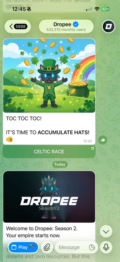 Dropee’s Telegram channel: a St. Patrick’s themed post, a Season 2 announcement and a Play button.