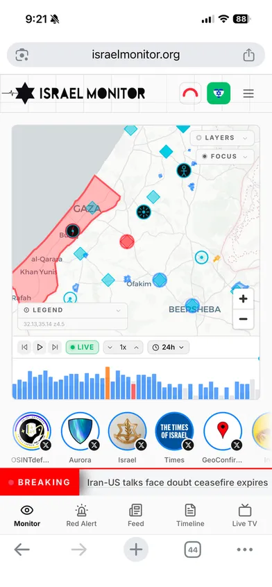 Mobile tactical map: a highlighted area on the map, a timeline histogram and a row of source avatars.