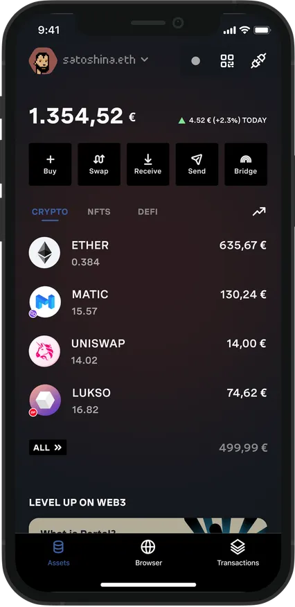 Portal home screen in dark mode: a balance of 1.354,52 €, action buttons, and a list of assets — Ether, Matic, Uniswap and Lukso — with their values in euros.
