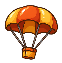 Cartoon icon of an orange parachute carrying a crate.