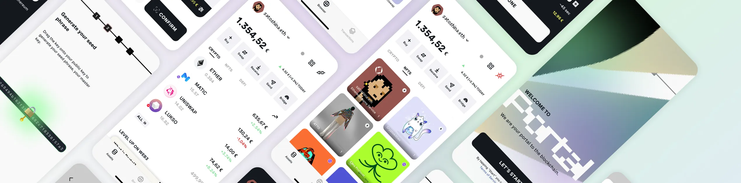 Collage of Portal app screens set at an angle: seed phrase setup, the wallet home screen, an NFT gallery and the welcome screen.