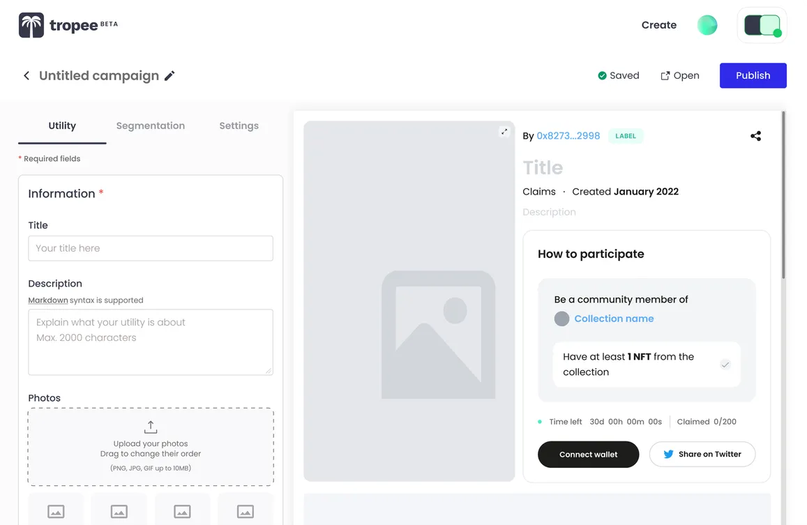 The earlier NFT utility builder: a form with title, description and photo upload next to an empty preview.
