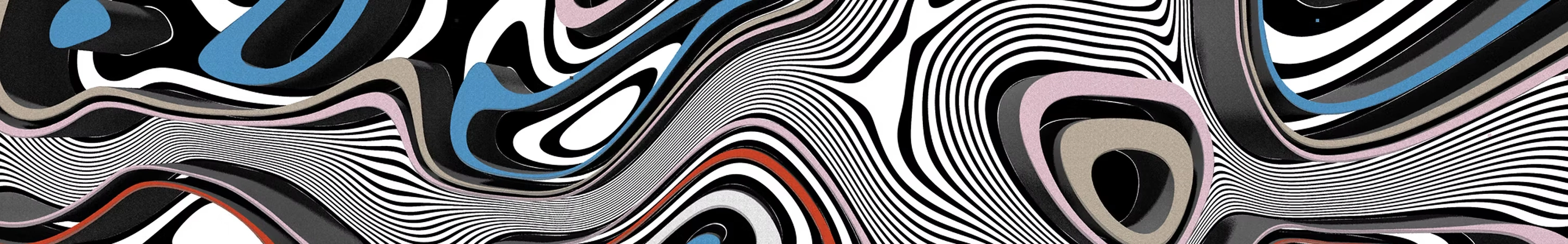 Psychedelic pattern of warped black and white lines with coloured shapes.