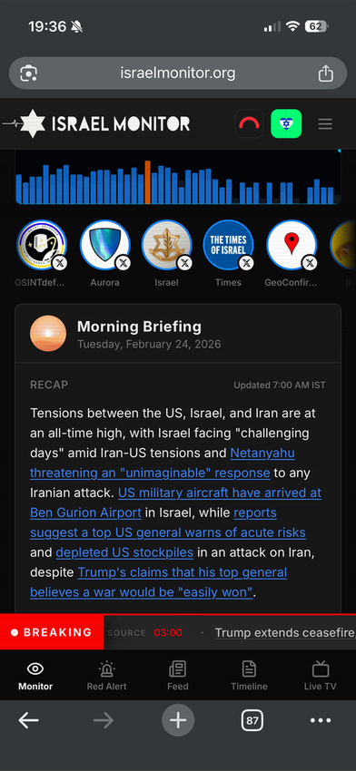 Mobile AI briefing in dark mode: a Morning Briefing card with a recap text and linked sources.