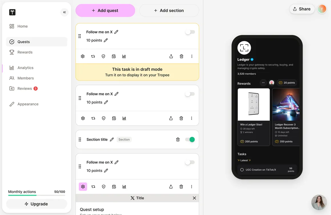 The new loyalty program builder: a sidebar, a list of quest cards with toggles, and a phone preview of the member page.