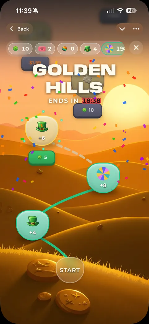 Golden Hills LiveOps event: a winding path of reward stops across golden hills, with a countdown.
