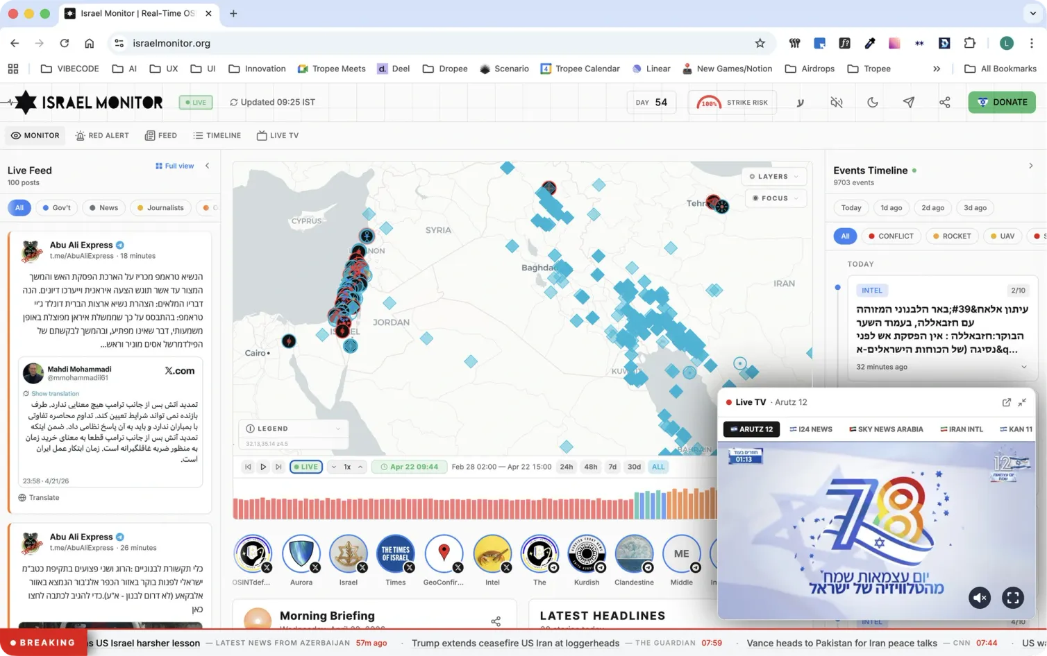 Israel Monitor desktop dashboard: live feed on the left, a map with clusters of event markers in the centre, an events timeline on the right and a floating Live TV window.