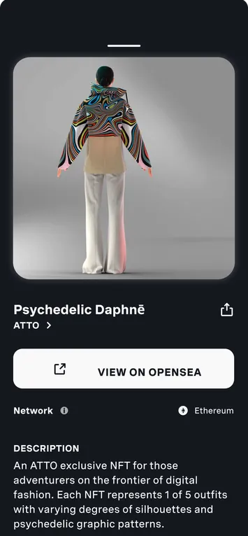 NFT detail screen showing the artwork “Psychedelic Daphnē”, a “View on OpenSea” button, the network and a description.