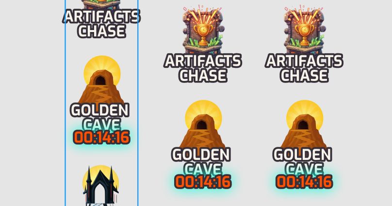 Game event icons: “Artifacts Chase” and “Golden Cave” with a countdown of 00:14:16.