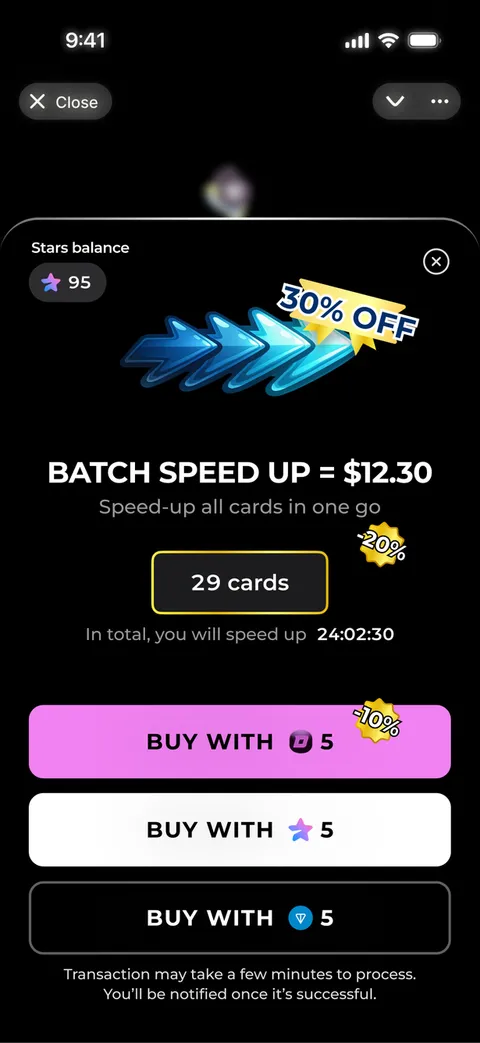 Batch Speed Up purchase sheet at $12.30 with three Buy buttons for different payment methods.