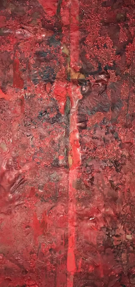 Abstract painting in thick red and dark textures.