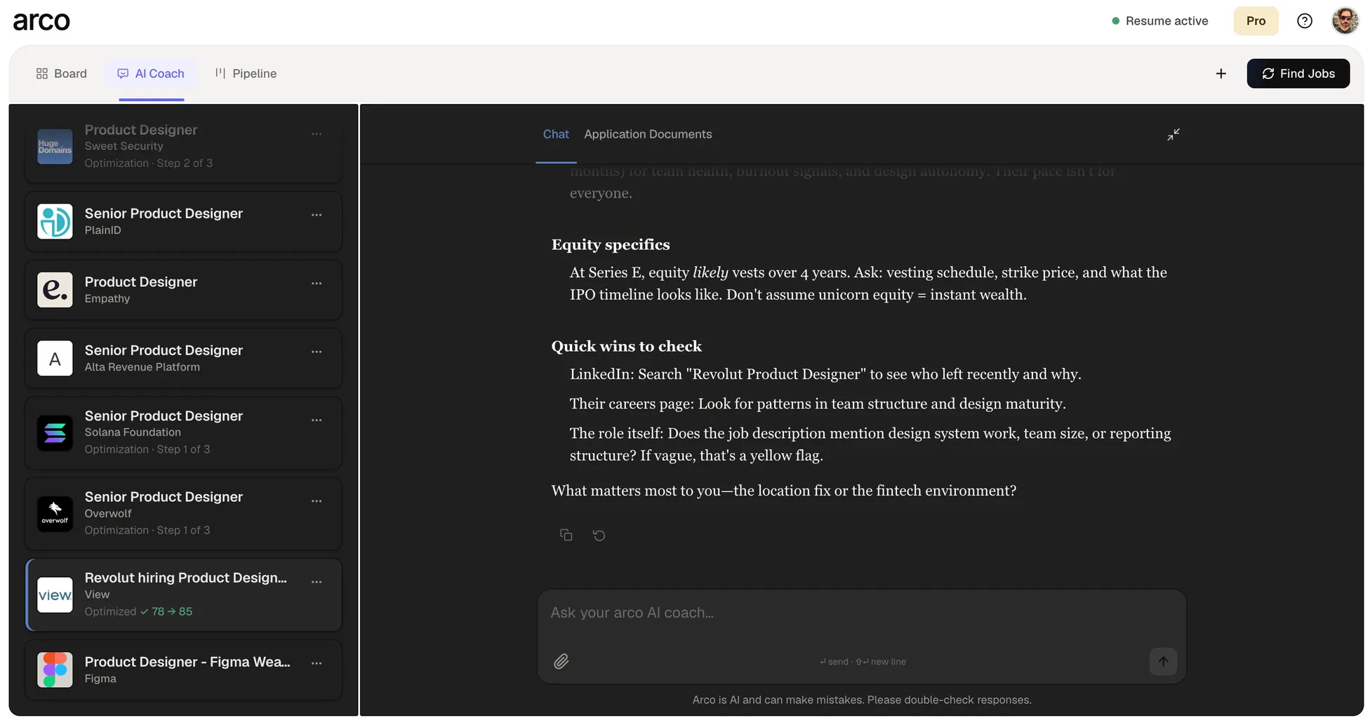arco AI Coach on a dark surface: a list of roles on the left and a conversation on the right with sections “Equity specifics” and “Quick wins to check”, set in a serif typeface.