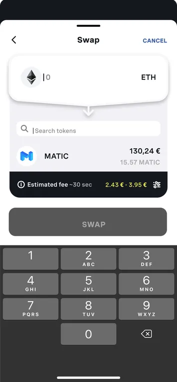 Token swap screen: ETH to MATIC with an estimated fee, a Swap button and a number pad.