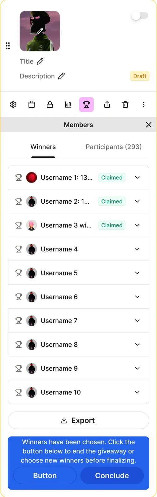 Reward card with its winners panel opened: tabs for winners and participants and a list of usernames.