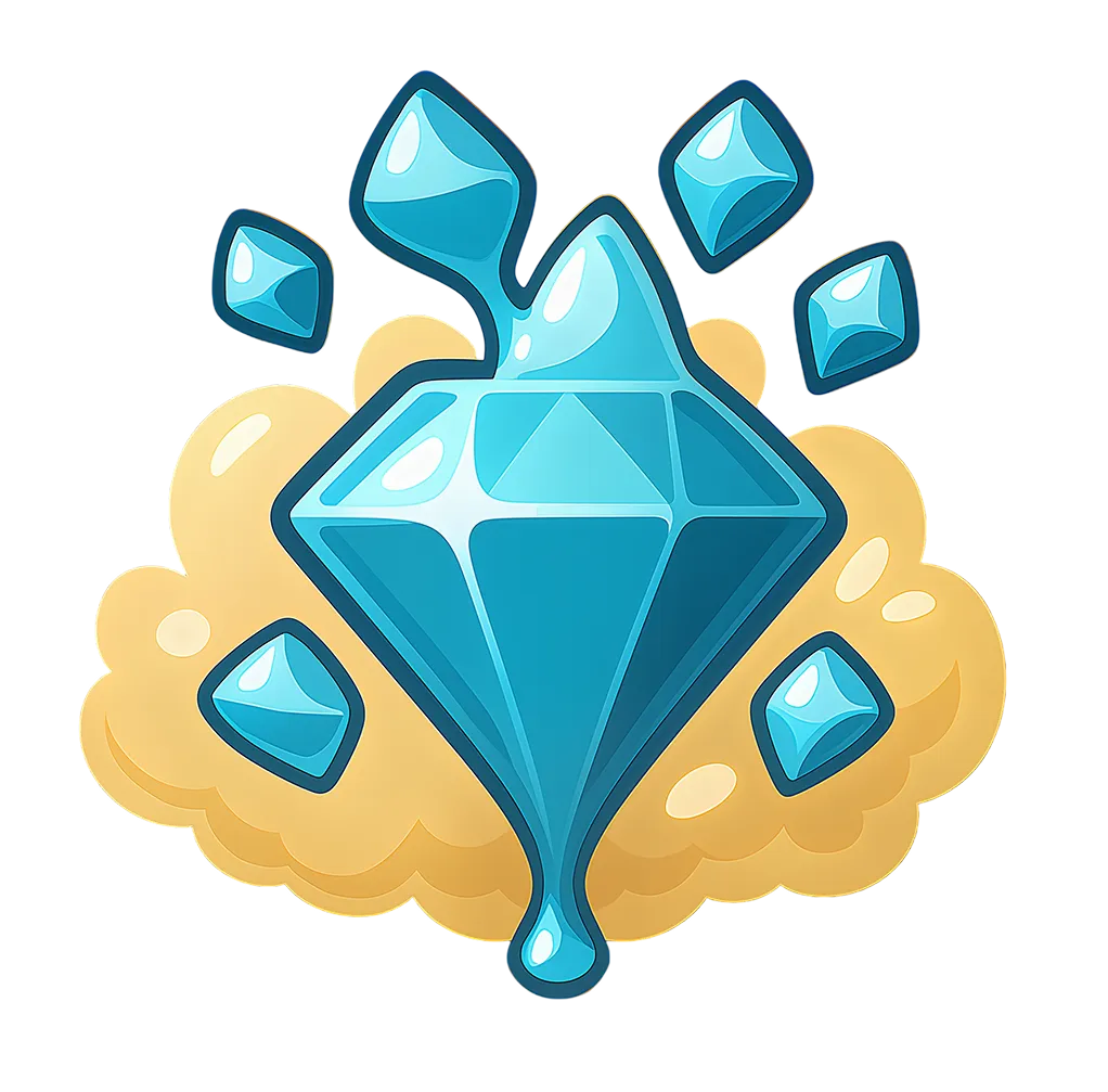 Cartoon icon of a blue gem bursting out of a golden cloud.