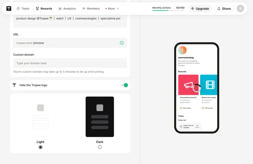 Appearance settings with light and dark options next to a live phone preview of the member page.