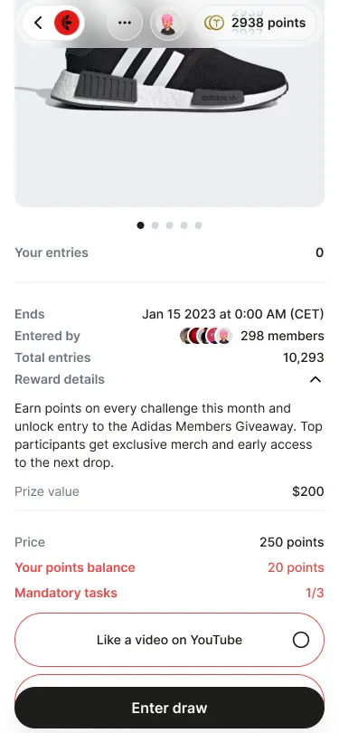 Mobile prize draw page for an Adidas sneaker: entries, end date, points balance and an Enter draw button.