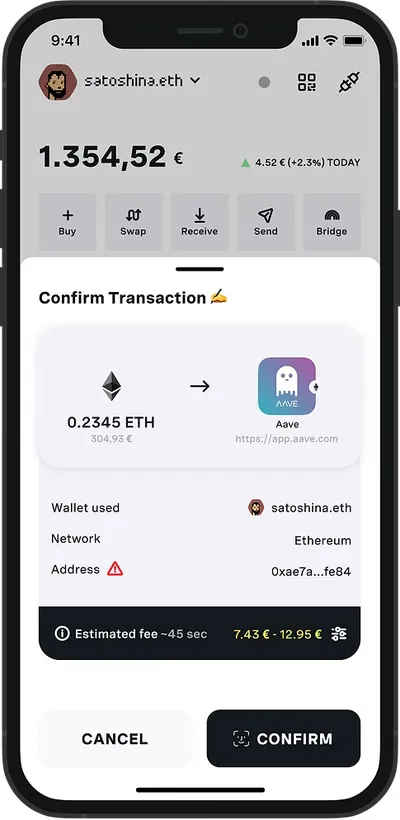 “Confirm Transaction” sheet: 0.2345 ETH to Aave with the wallet, network, address, estimated fee, and Cancel and Confirm buttons.