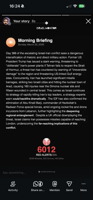 Instagram story with the Morning Briefing text and a counter of 6012 red alerts.