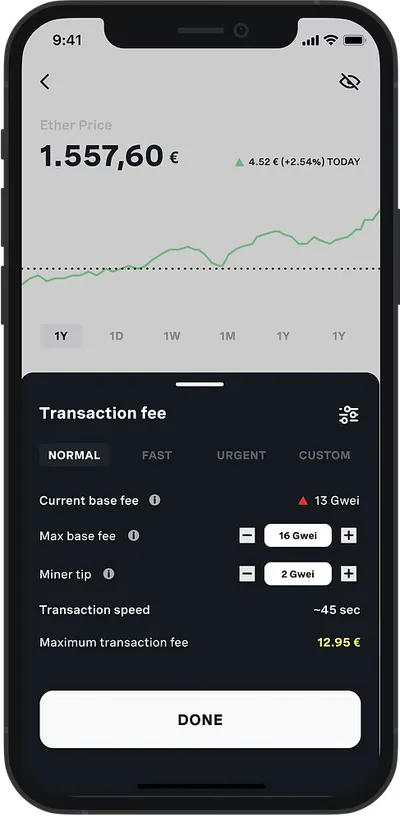 “Transaction fee” sheet with normal, fast, urgent and custom options and fields for base fee and miner tip.