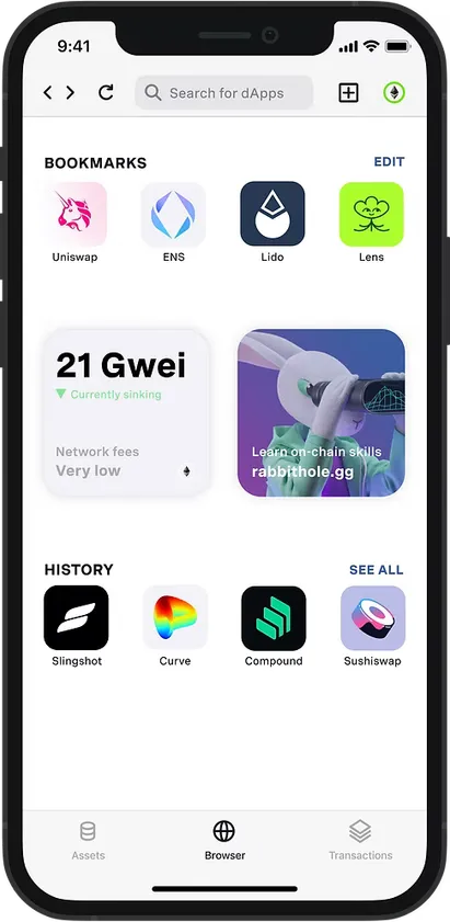 In-app browser with bookmarks, a gas price widget and recently visited dApps.