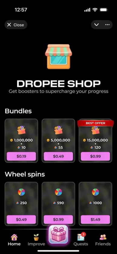 Dropee Shop with bundles and wheel-spin packs; one bundle is marked Best Offer.