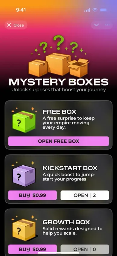 Mystery Boxes screen with a free box, a Kickstart box and a Growth box.