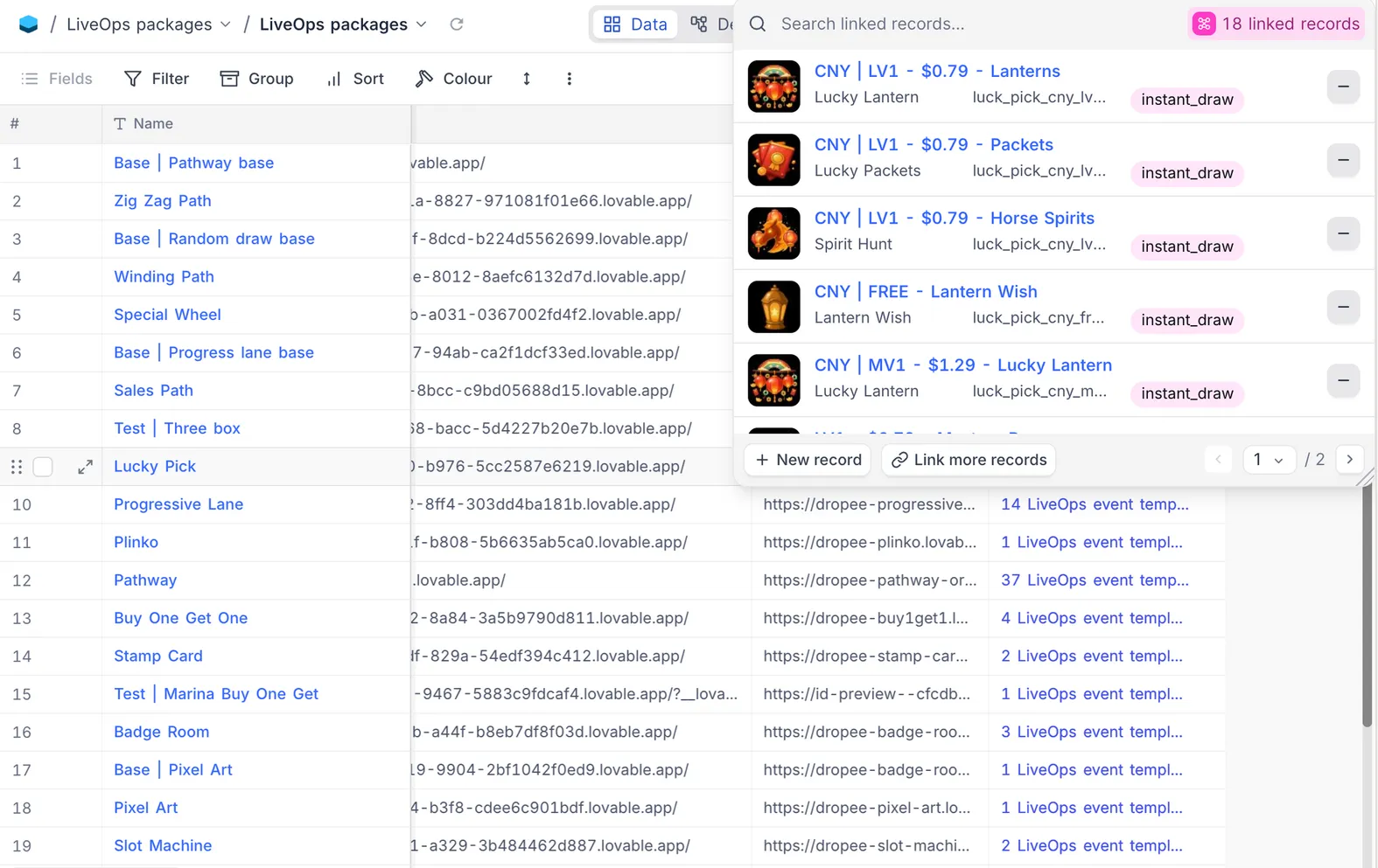 NocoDB table of LiveOps packages with linked records for Lunar New Year offers.