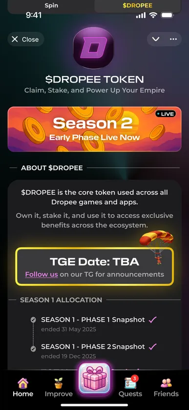 In-game $DROPEE token page with a Season 2 banner, a token description, the TGE date and allocation snapshots.