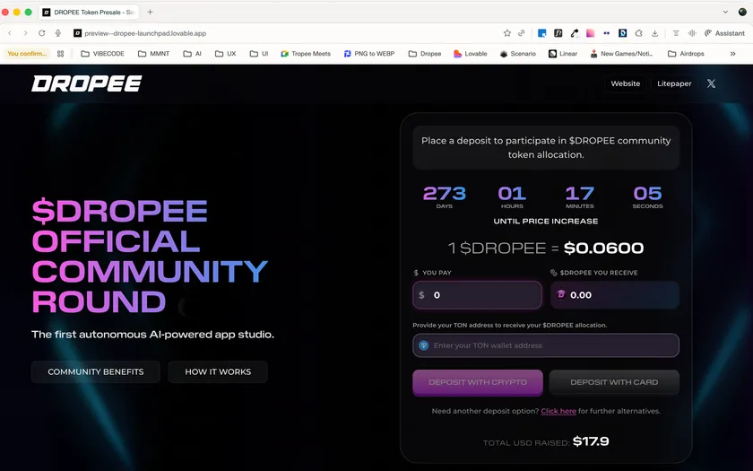 $DROPEE Official Community Round page with a countdown, the token price and a deposit form.