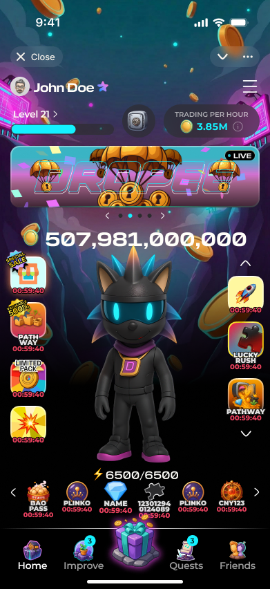 Season 3 home screen with a brighter banner, floating coins and the cat character.