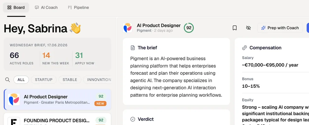 arco job board greeting “Hey, Sabrina”, with counts of active roles, a list of product designer roles with fit scores, and a role detail panel showing the brief and compensation.