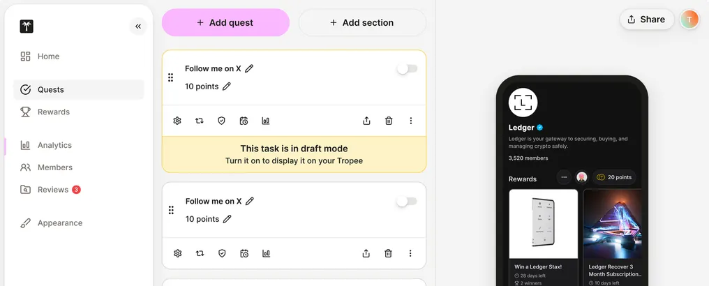 Tropee creator view: a quest editor with a sidebar, “Add quest” and “Add section” buttons and a task in draft mode, next to a phone preview of the member-facing page.