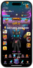 Phone showing the Dropee game: a coin balance above a cat character in goggles, surrounded by event icons and a bottom navigation bar.