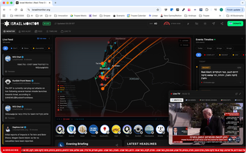 Israel Monitor open in a browser: live feed, a map with orange trajectory arcs, an events timeline and a live TV window.